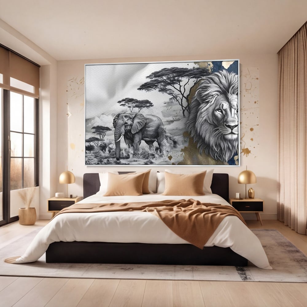 Tablou canvas cu tablou canvas cu leu si elefant, in rama de aluminiu argintiu, pe perete intr-un dormitor